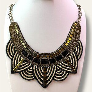 Beaded Statement Necklace With Gold & Black Geometric Design Lobster Clasp Closu